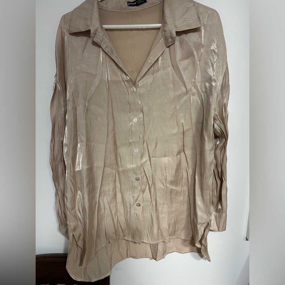 SHEIN Shimmering Beige Button-Down Shirt